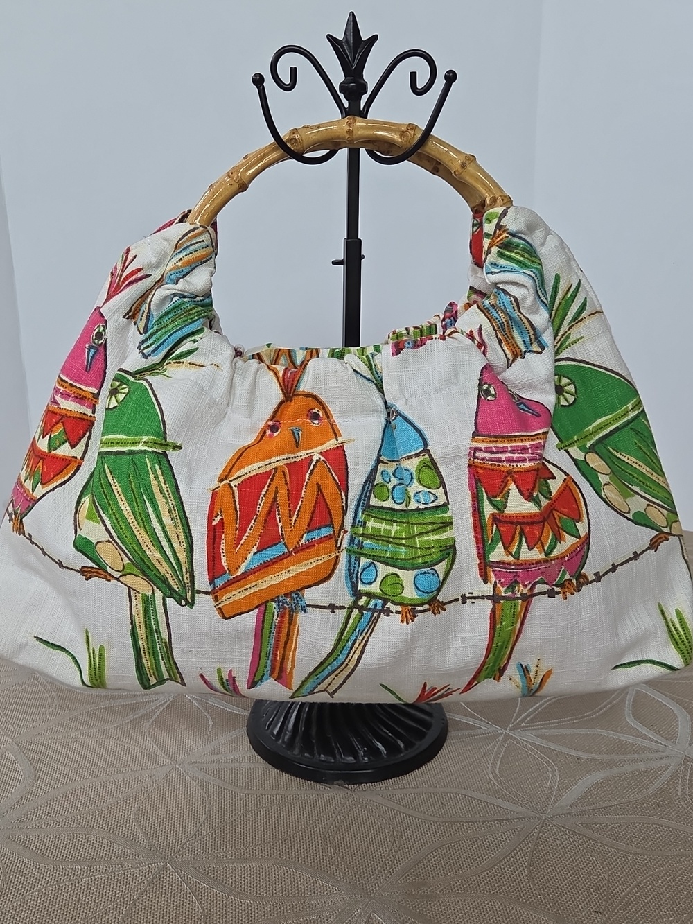 Vintage Bird, Cotton Barkcloth Handbag With Bamboo Handles! - Picture 2 of 8
